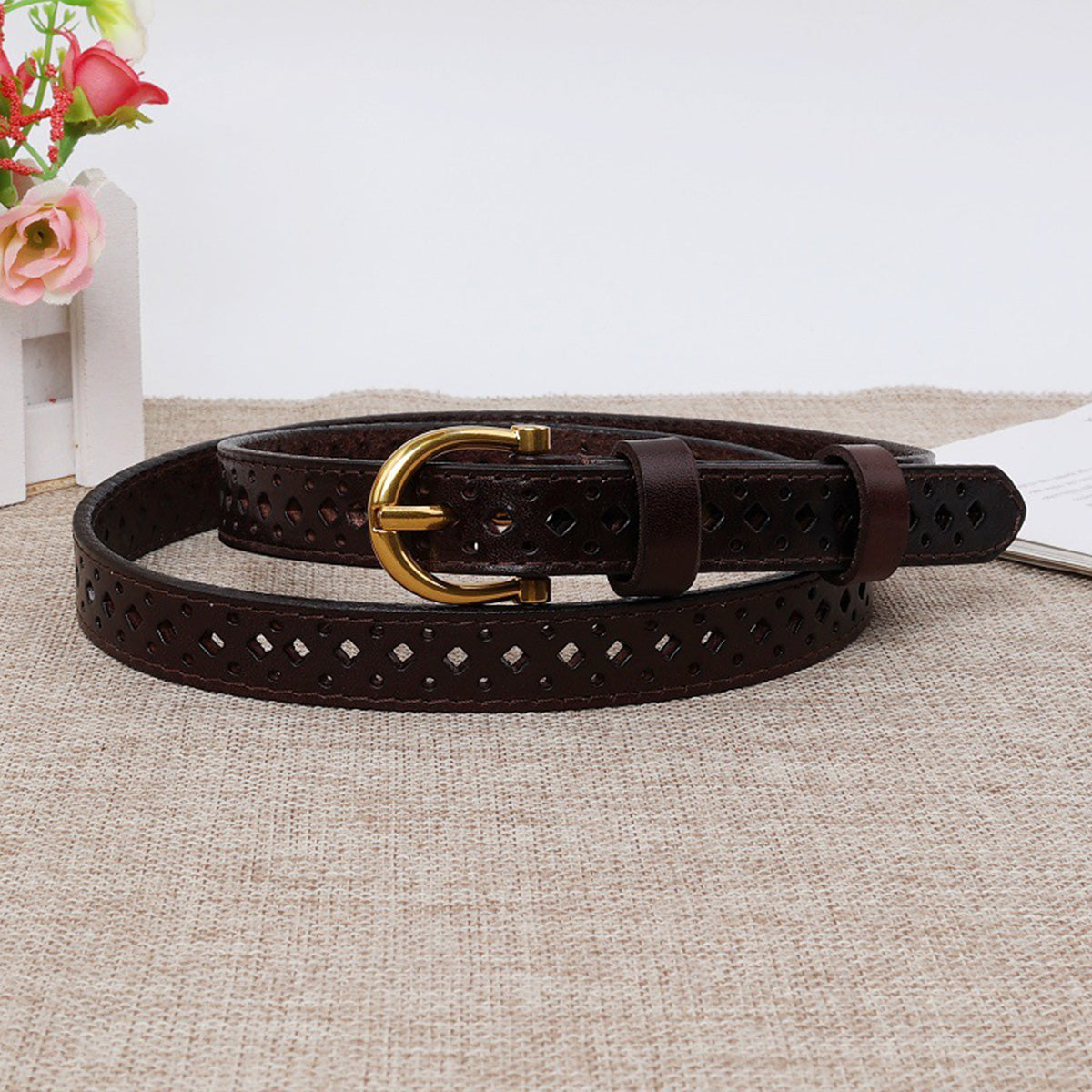 Top-Grain Cowhide Brown Retro Hollow Belt