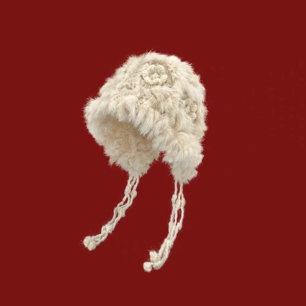Rabbit Fur Flower Knitted Plush Hat for Women in Autumn