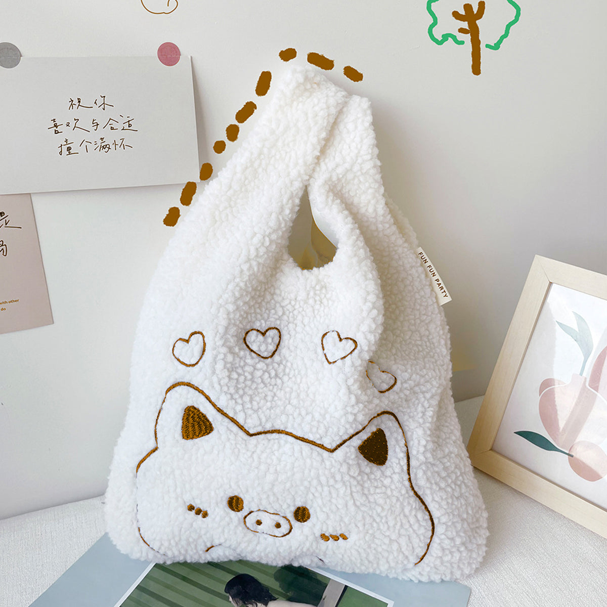Plush Handbag Embroidered Lamb Wrist Bag
