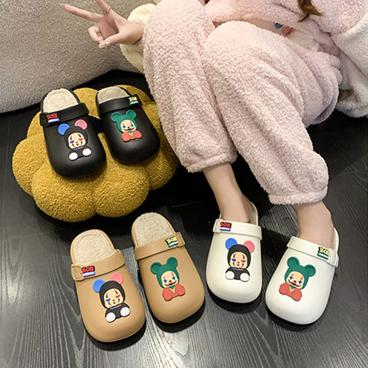 Waterproof Closed Toe Cotton Slippers Cartoon Fur Slippers