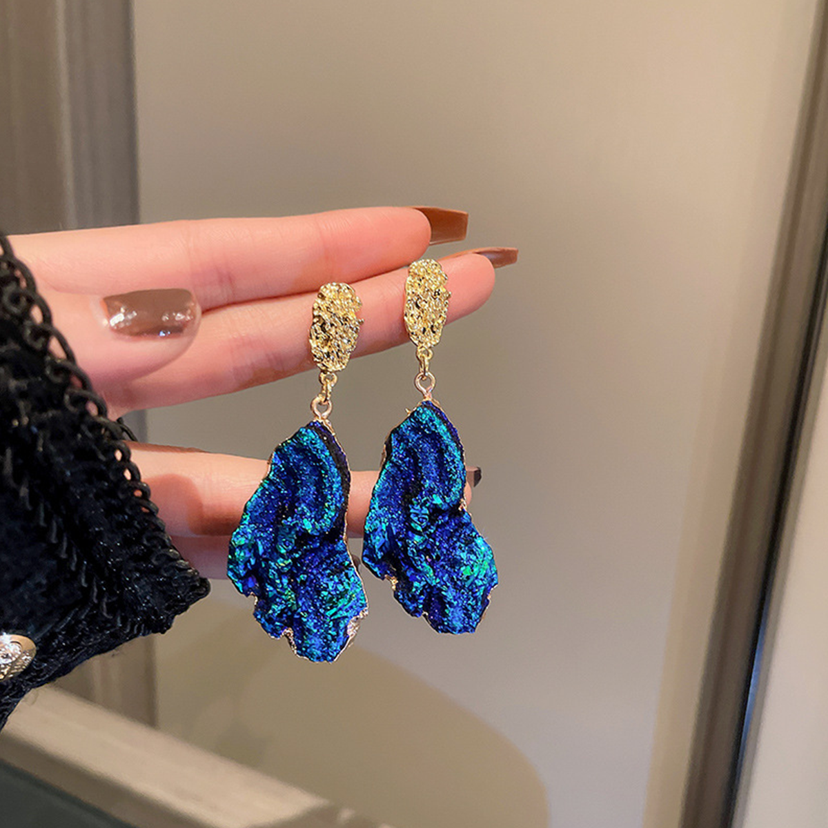 Silver Needle Wrinkled Blue Metal Earrings