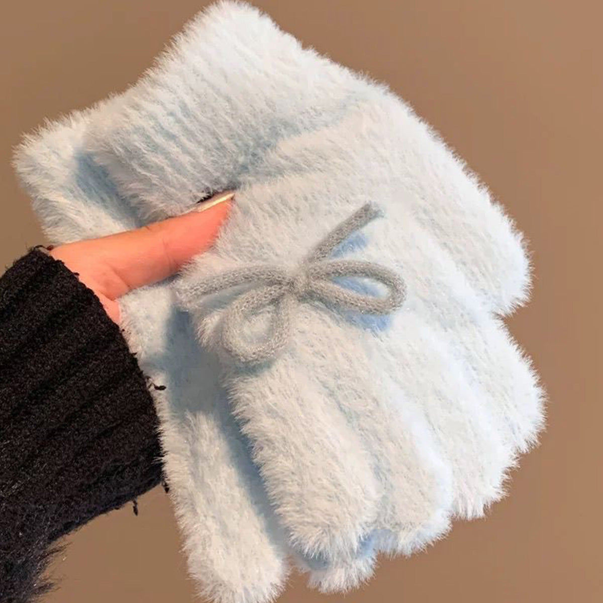Blue Pink Plush Knitted Gloves for Women Bow-knot Thickened Gloves for Winter