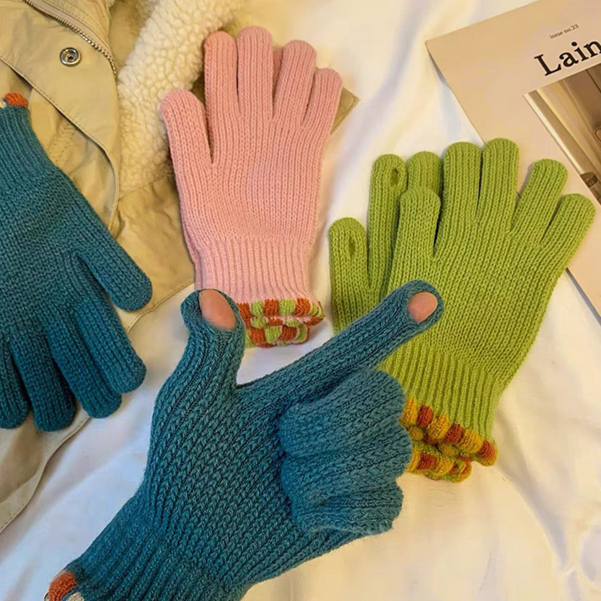 Knitted gloves for women thickened touch screen split finger gloves