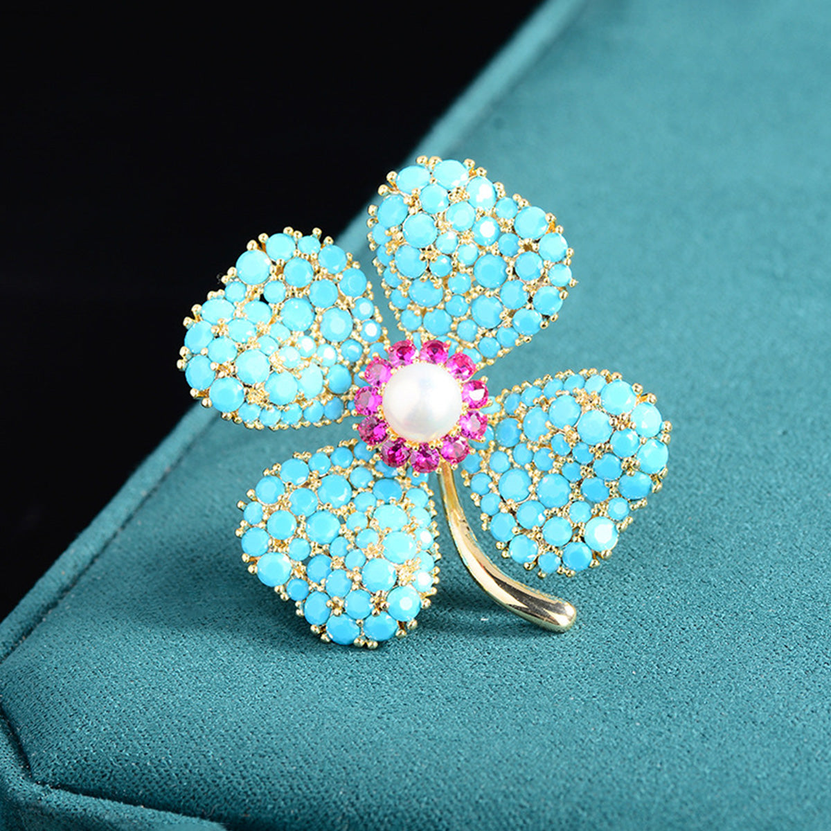 Blue Turquoise Lucky Four-leaf Flower Brooch