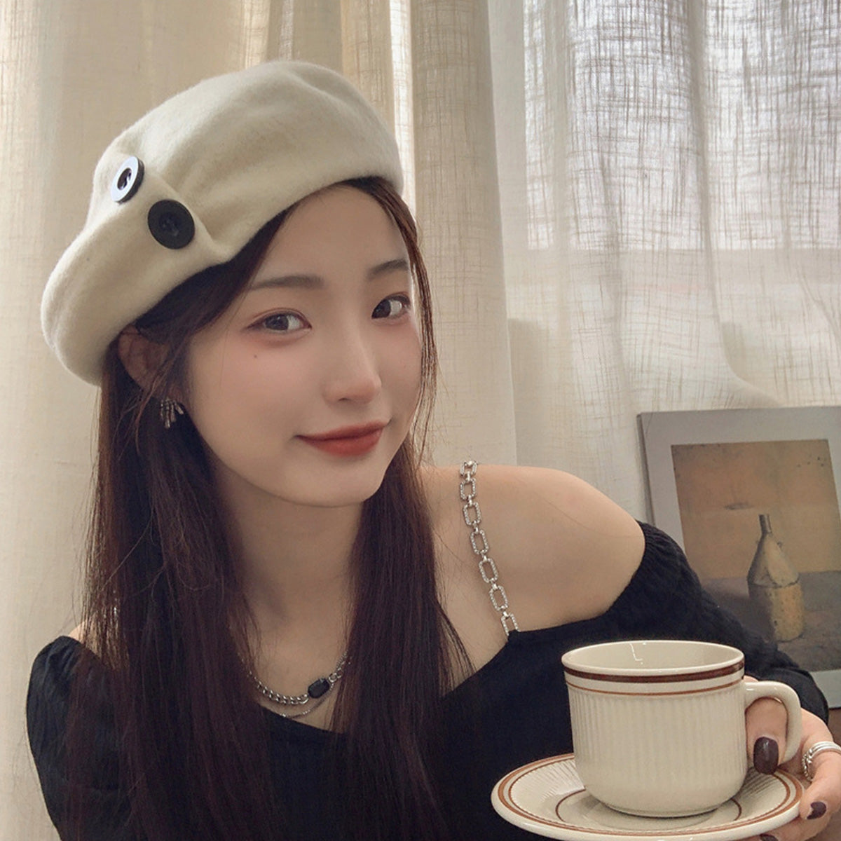 Korean Button Wool Beret