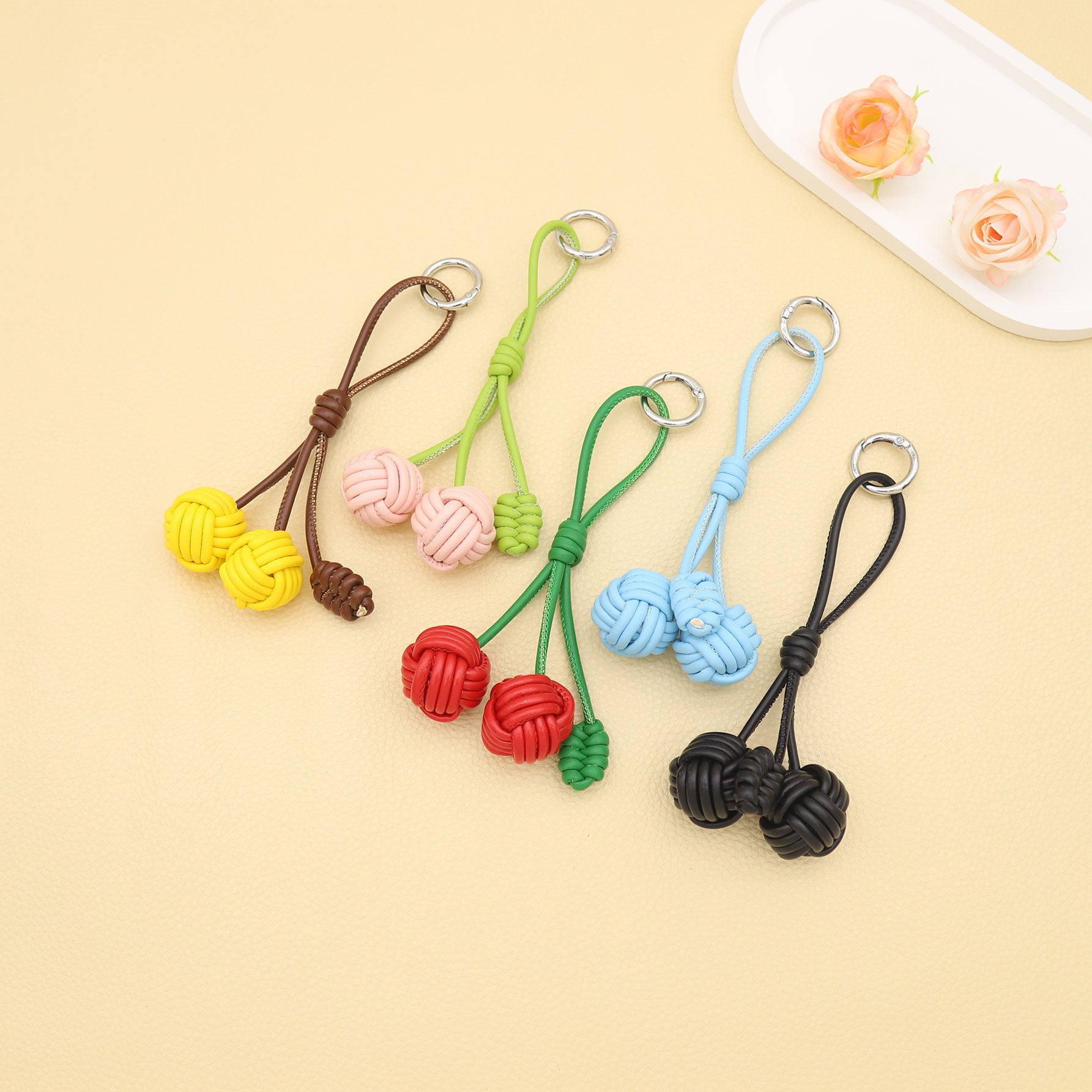 Handmade Customizable Keychain & Bag Charm: Miu-Style Woven Cherry & Two-Tone PU Ball Design