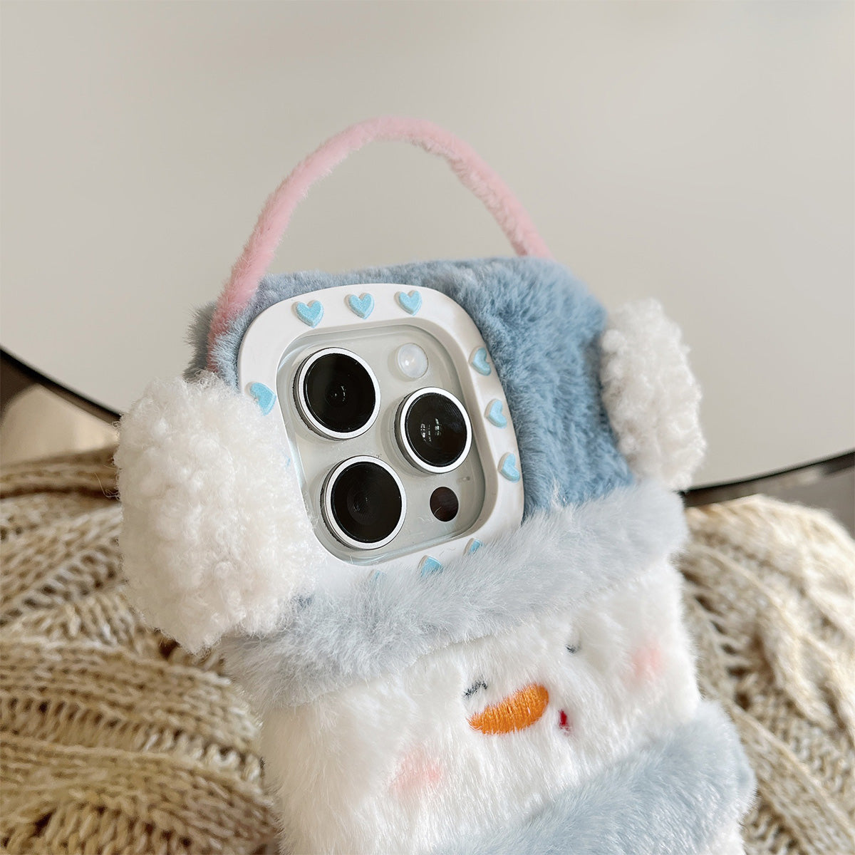 Plush Cute Snowman Gloves Earphones Hat Mobile Phone Case