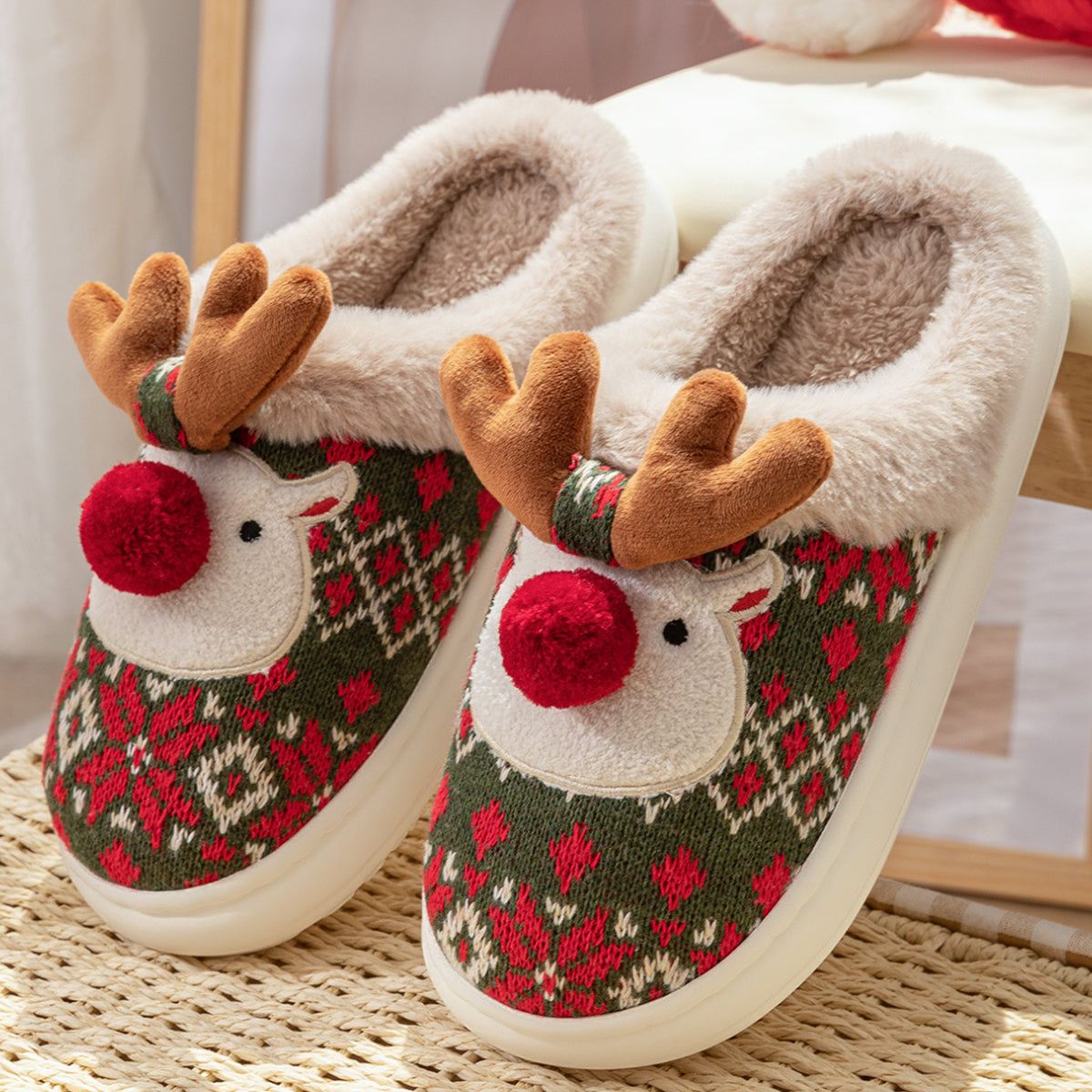 Cute Christmas Elk Cotton Slippers Warm Slippers for Women