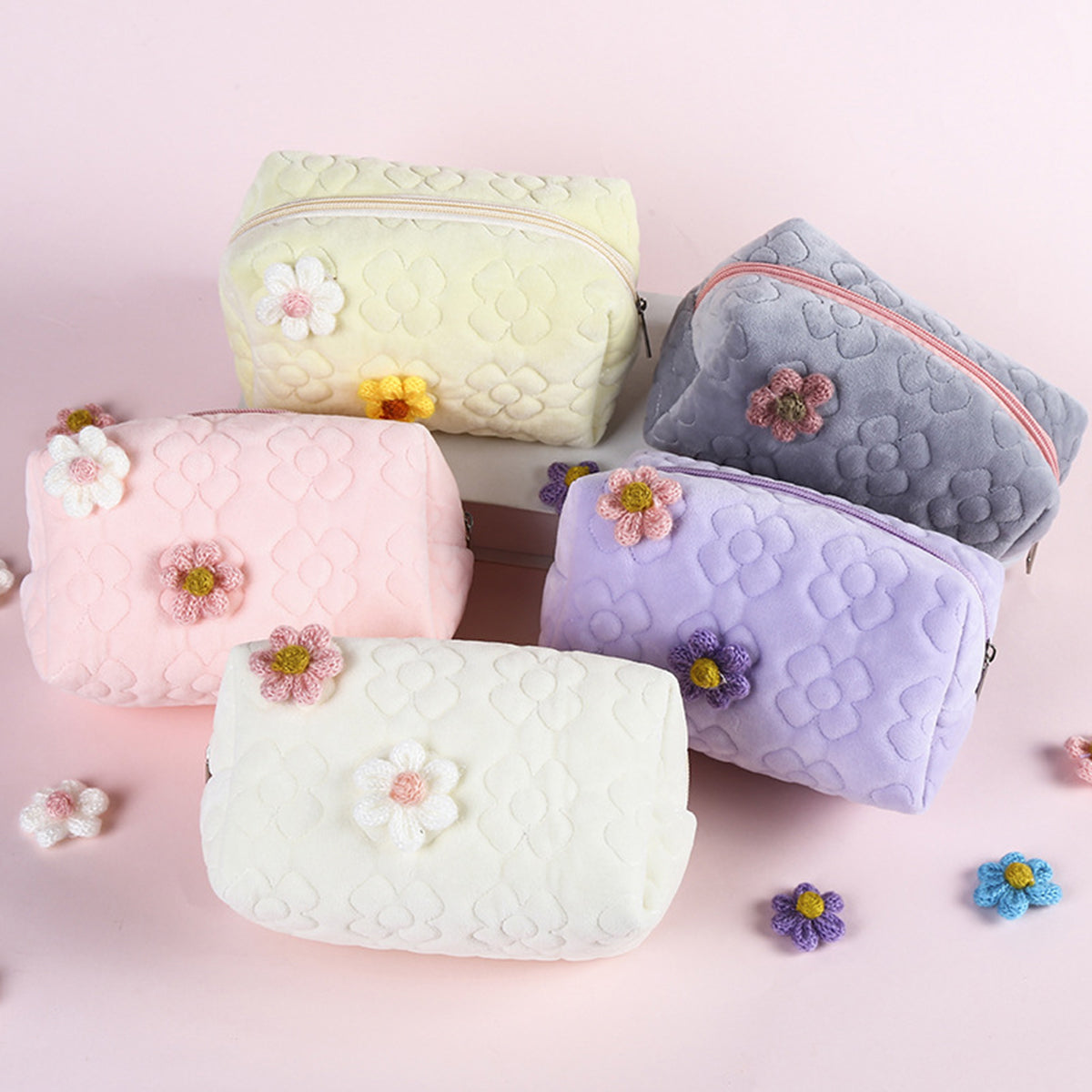 Cream Flower Makeup Bag Portable Women's Toilet Bag