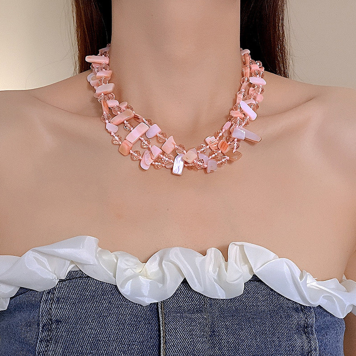 Personalized Three-Layer Shell Crystal Beaded Necklace