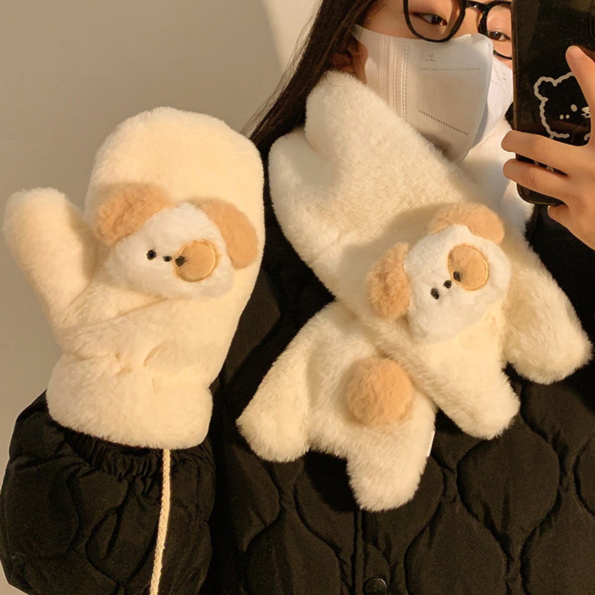 Cute Puppy Plush Scarf Short Cartoon Scarf Gloves