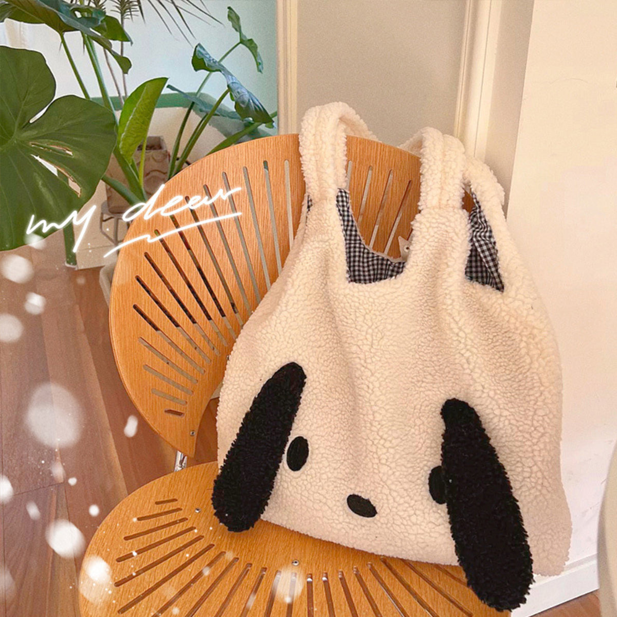 Lambskin Big Ears Bag Plush Dog Shoulder Bag Large Capacity Shopping Bag