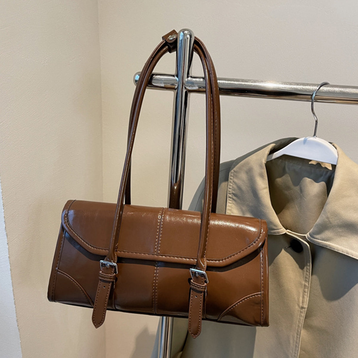 Wax Leather Shoulder Underarm Bag Hand Baguette Bag