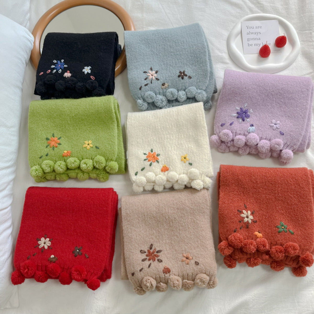 2024 New Cute Little Flower Ball Green Knitted Scarf