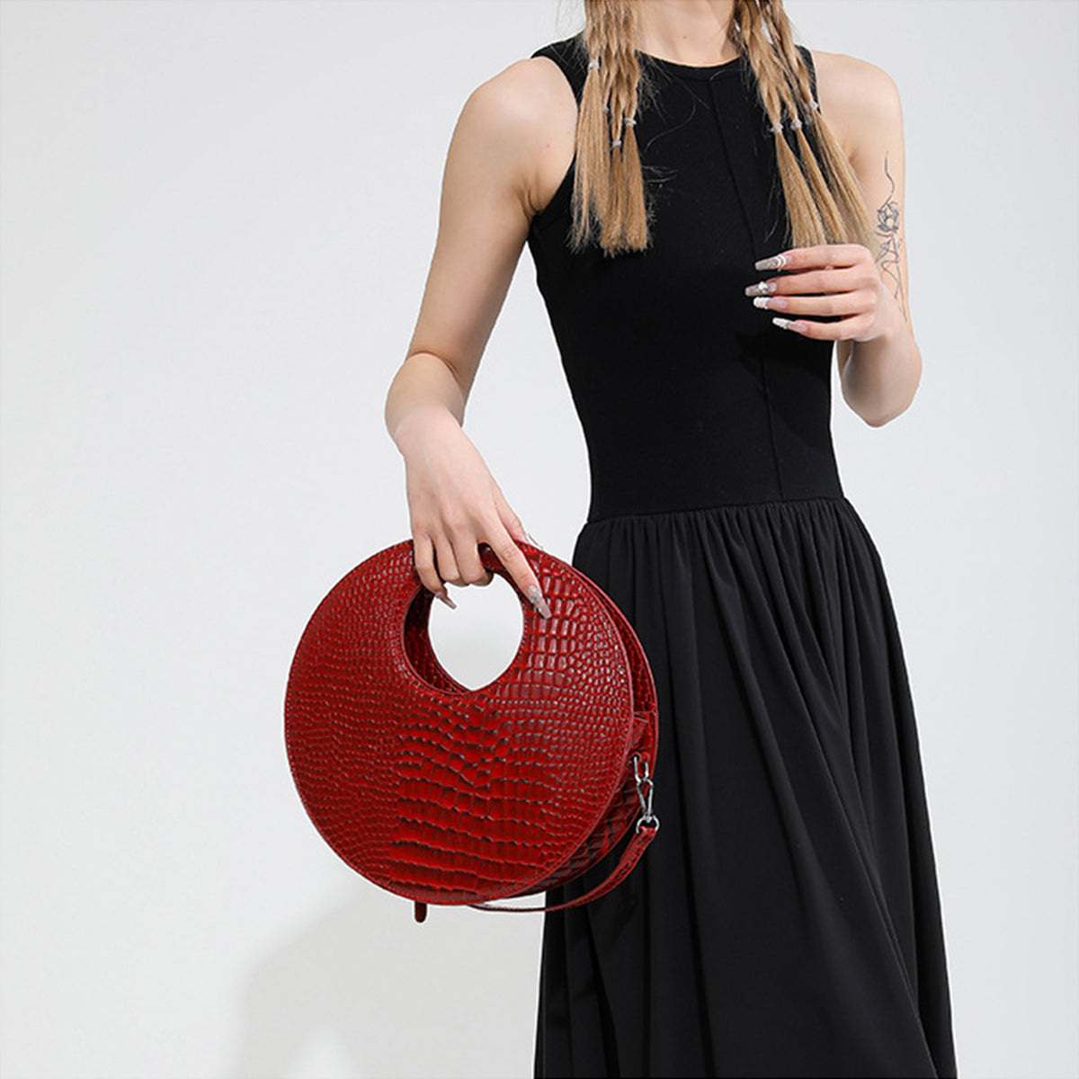 Round Patent Leather Shiny Stone Tote Bag