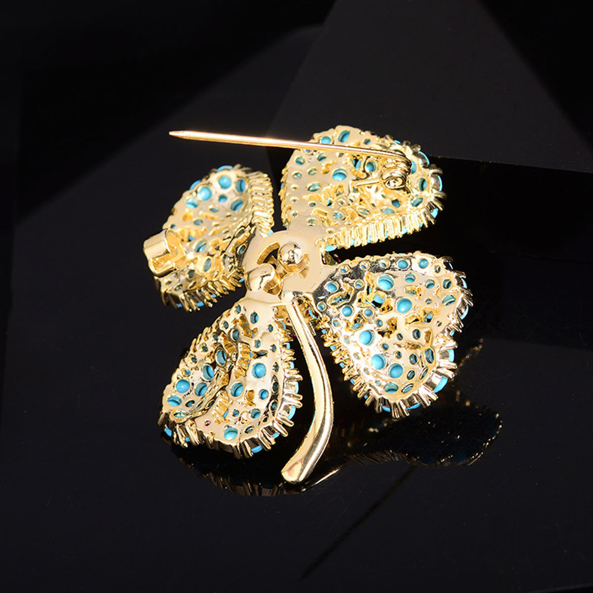 Blue Turquoise Lucky Four-leaf Flower Brooch