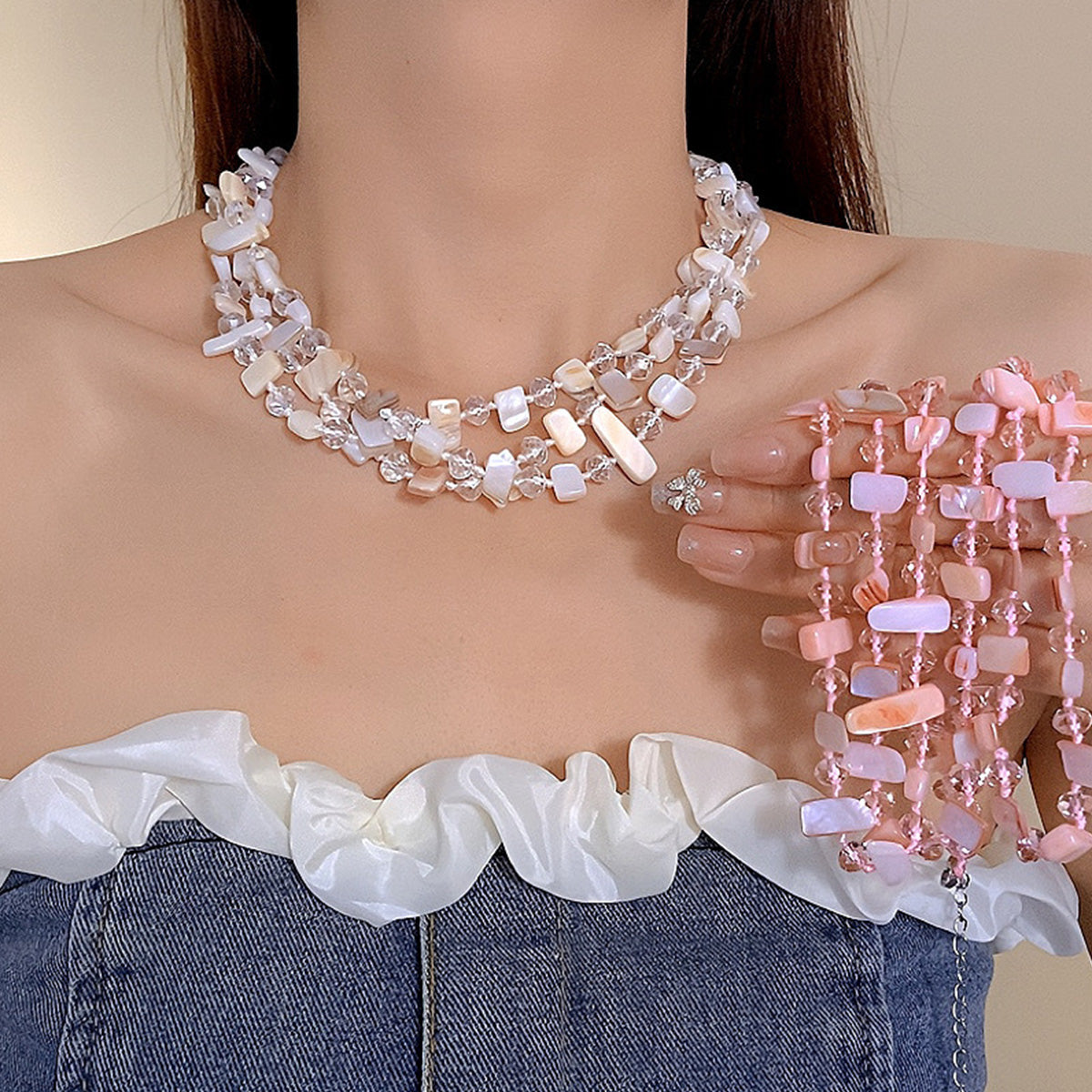 Personalized Three-Layer Shell Crystal Beaded Necklace