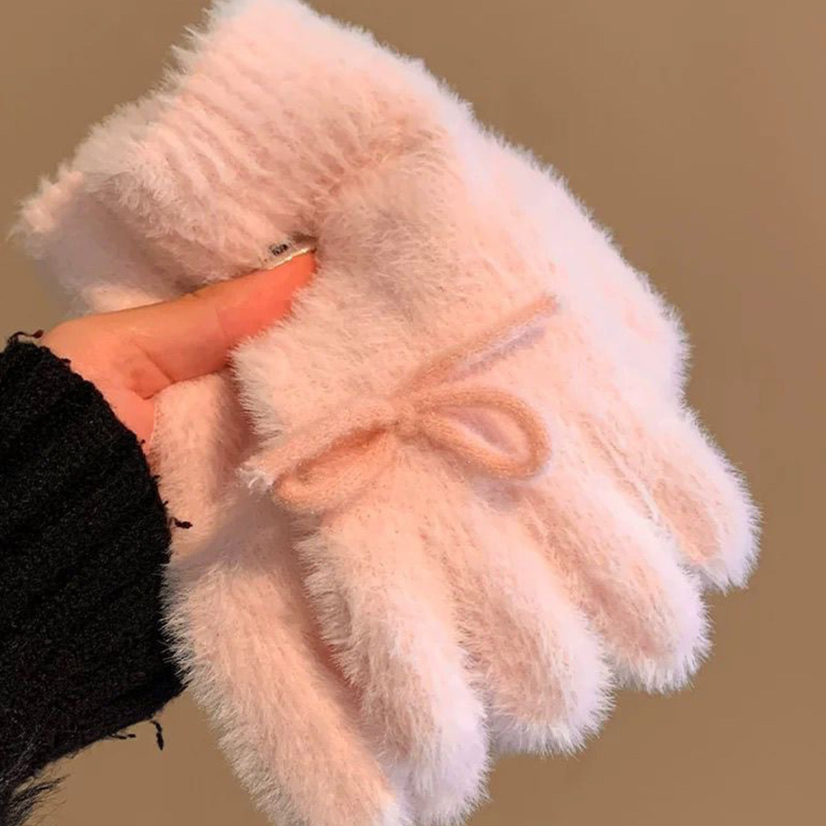 Blue Pink Plush Knitted Gloves for Women Bow-knot Thickened Gloves for Winter