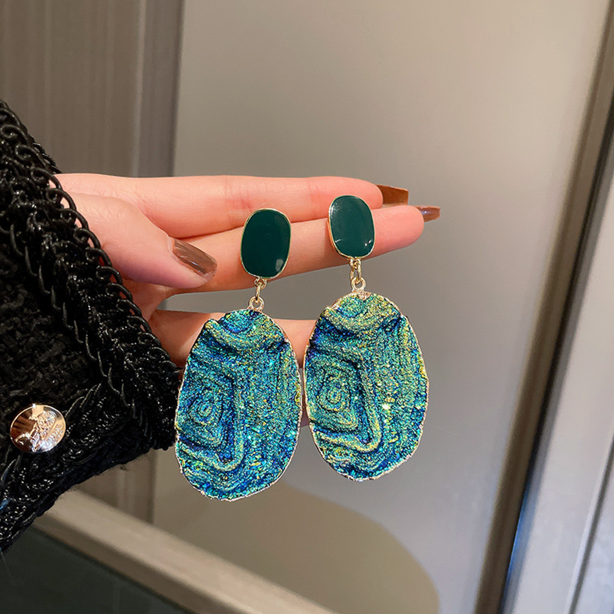 Silver Needle Wrinkled Blue Metal Earrings