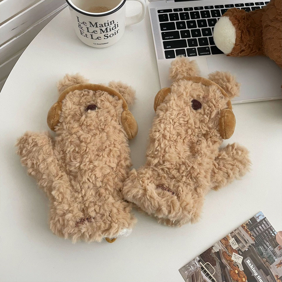 Cute Earphones Bear Plush Mittens