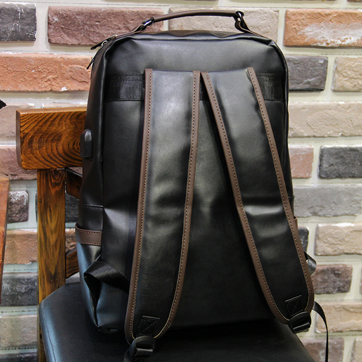 Leather Backpack USB Charging Men Business Backpack