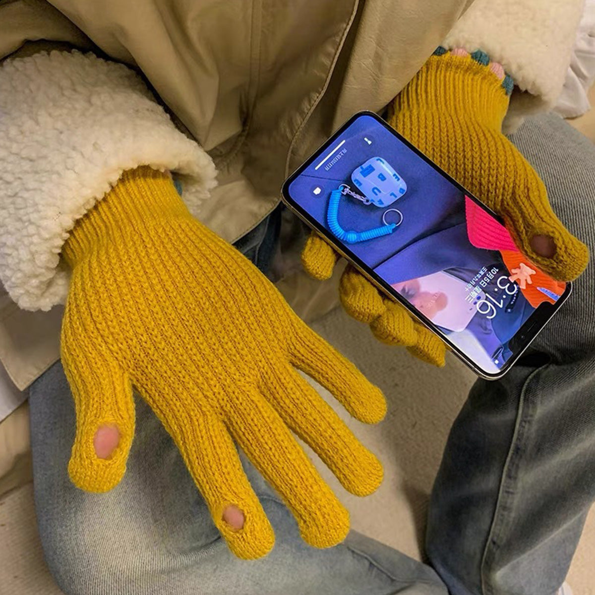 Knitted gloves for women thickened touch screen split finger gloves