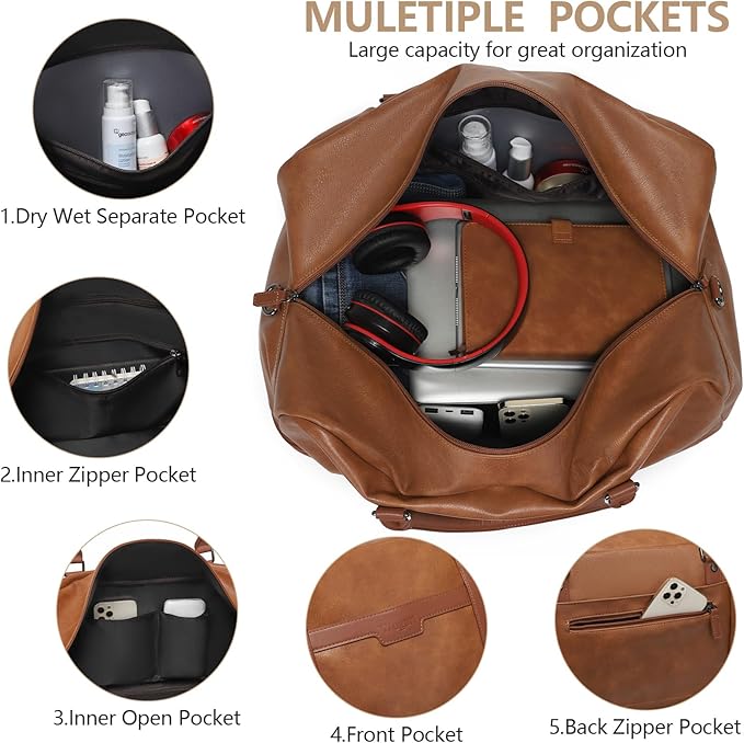 LAPOLAR Leather Travelling Bag Sets for Women Men Large Overnight Bag Travel Duffel Bag with Shoe Compartment Toiletry Satchel Bag Carry On Bag Fit 21" Laptop