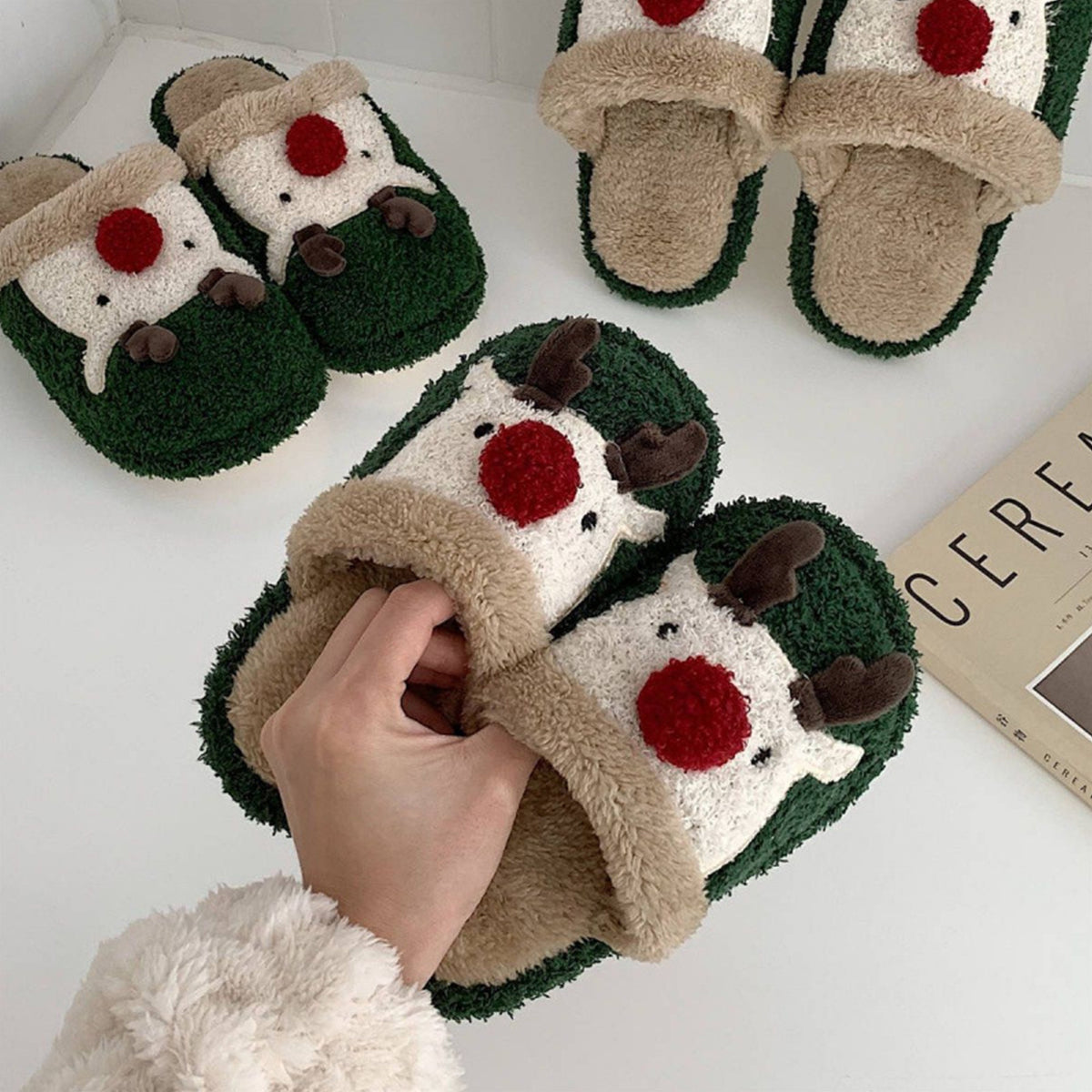 Winter Christmas Elk Plush Slippers Non-Slip Cotton Slippers