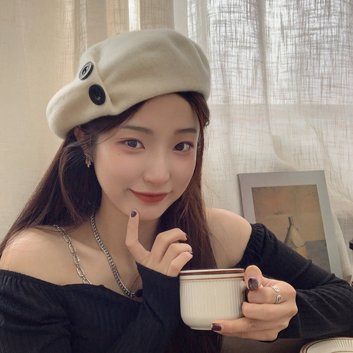 Korean Button Wool Beret