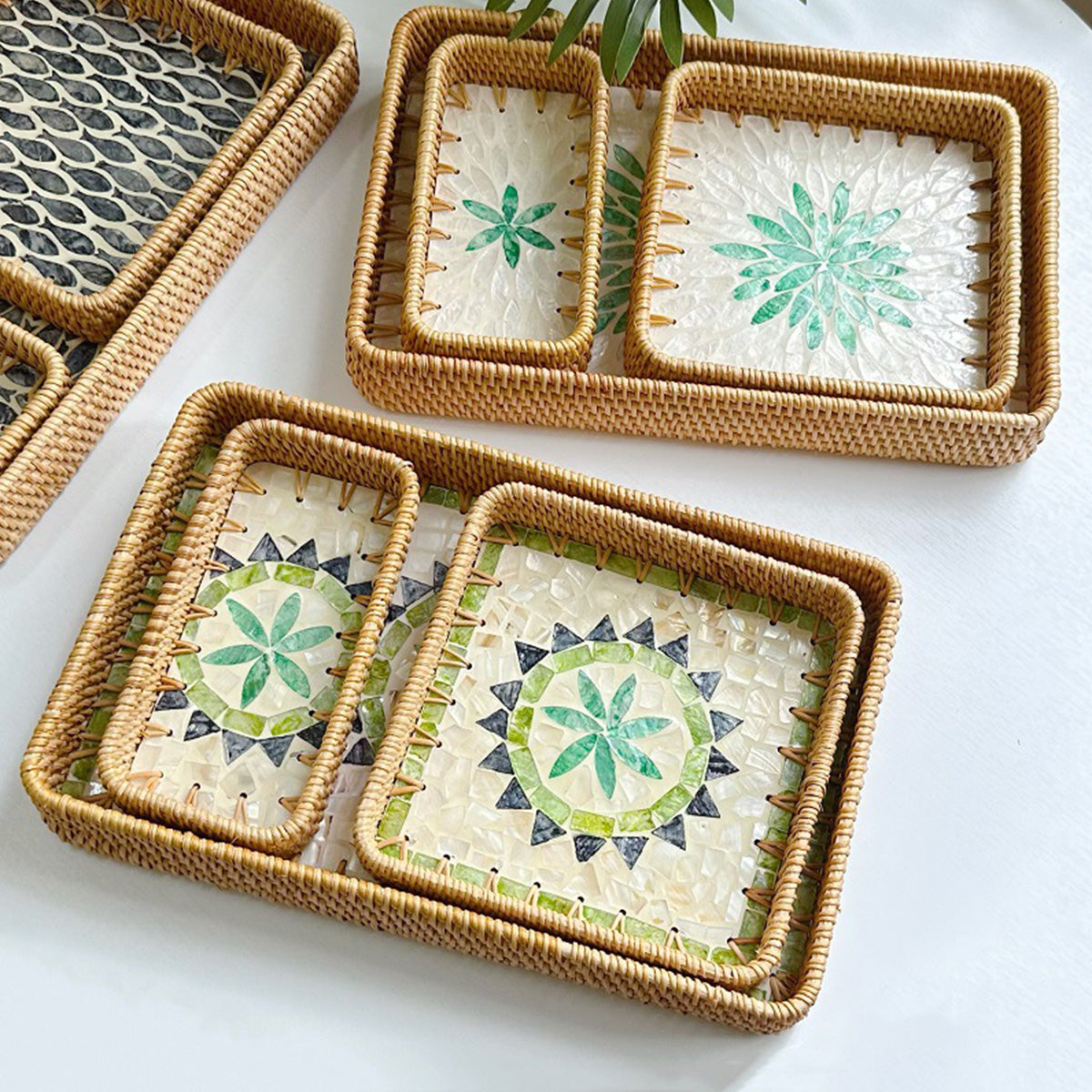 Rattan Shell Fruit Tray Rectangular Tray Three-Piece Set