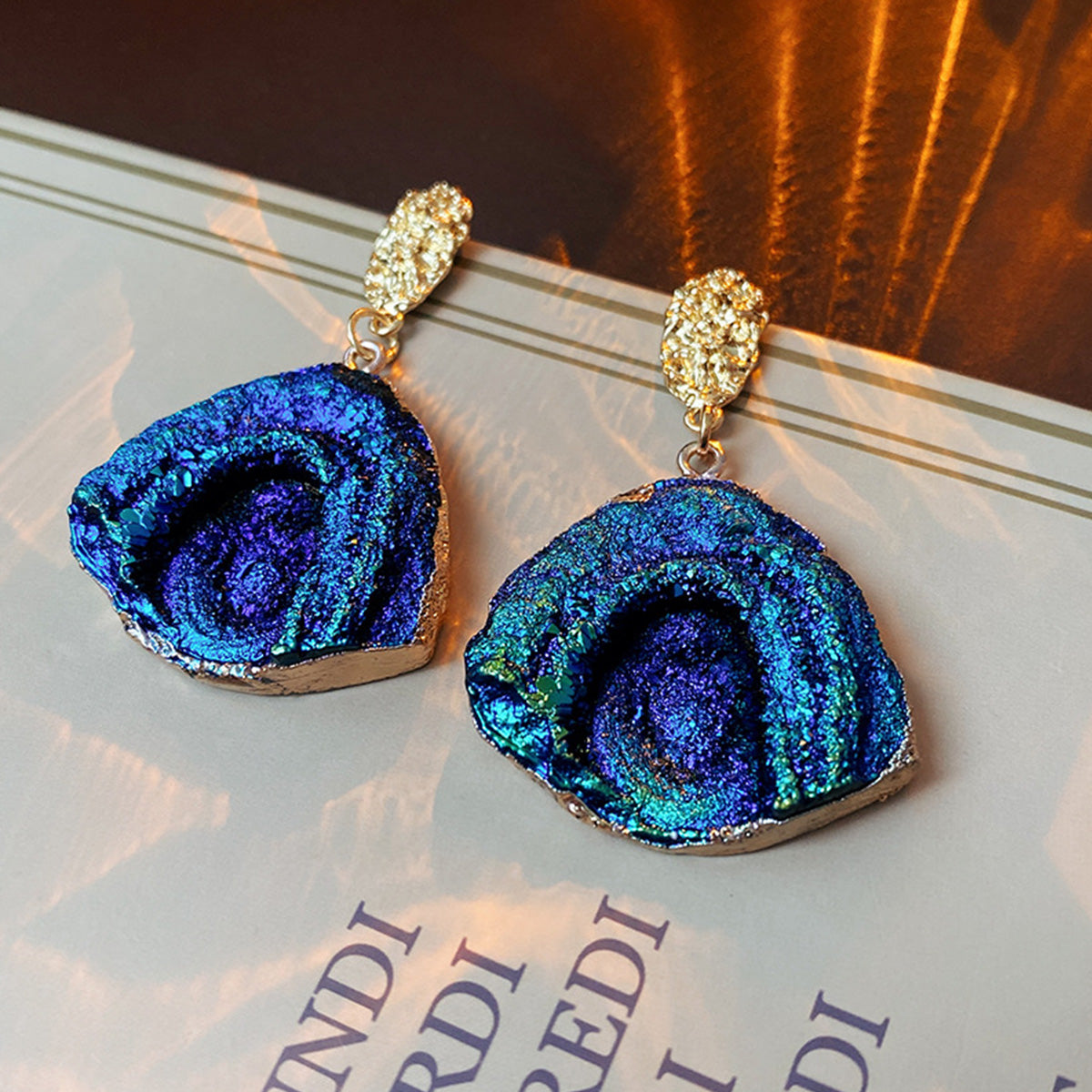 Silver Needle Wrinkled Blue Metal Earrings