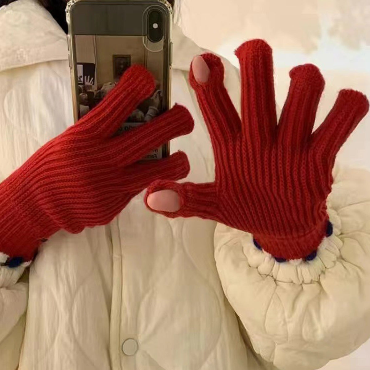 Knitted gloves for women thickened touch screen split finger gloves