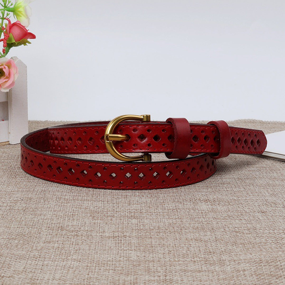 Top-Grain Cowhide Brown Retro Hollow Belt