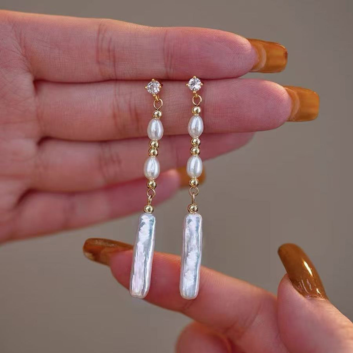 Simple Slender Baroque Opposite-Sex Pearl Earrings