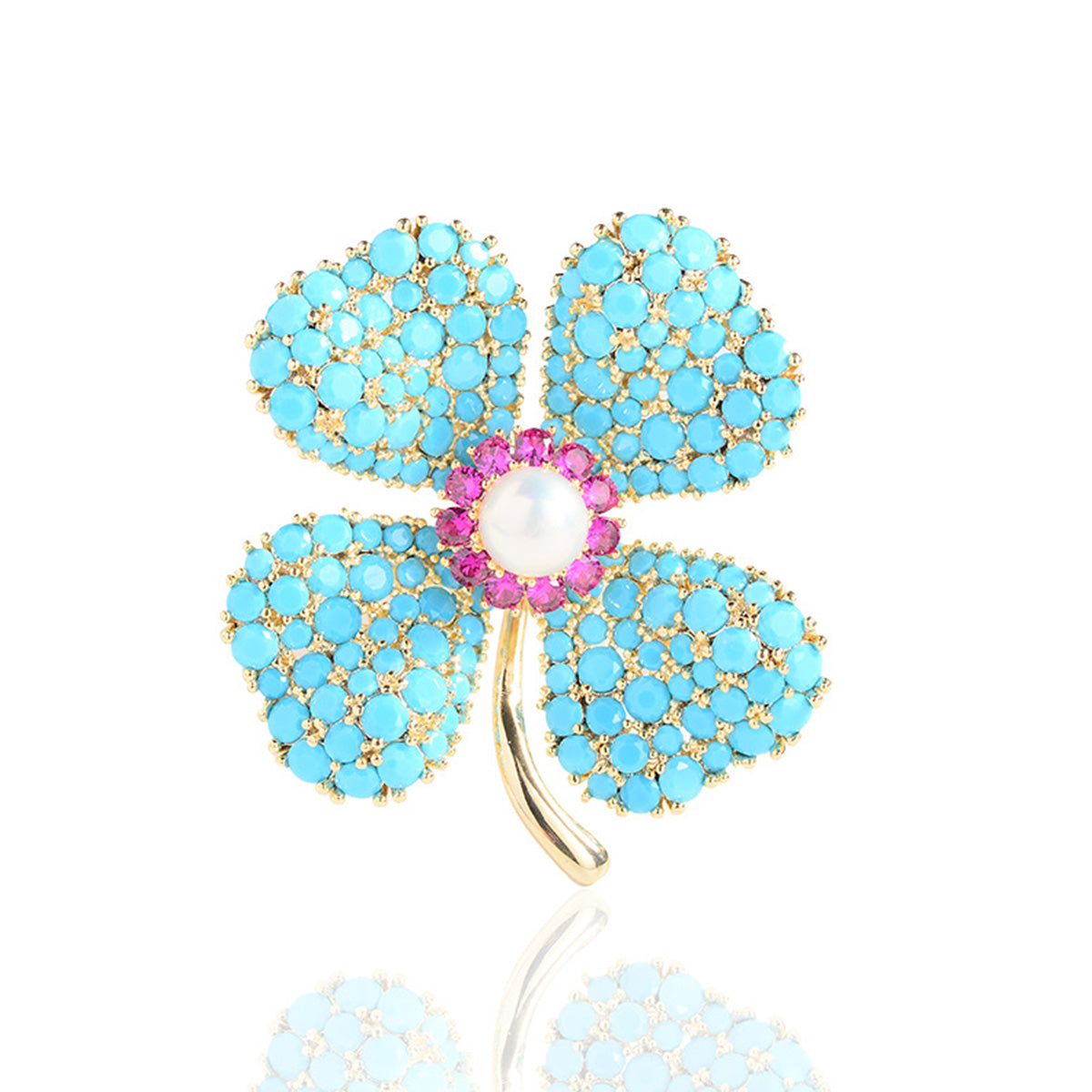 Blue Turquoise Lucky Four-leaf Flower Brooch