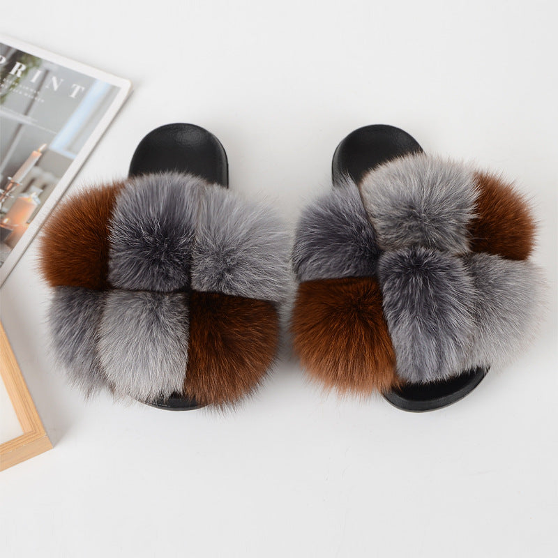 European American Fashion Fox Fur Slippers Women's Fur Slippers