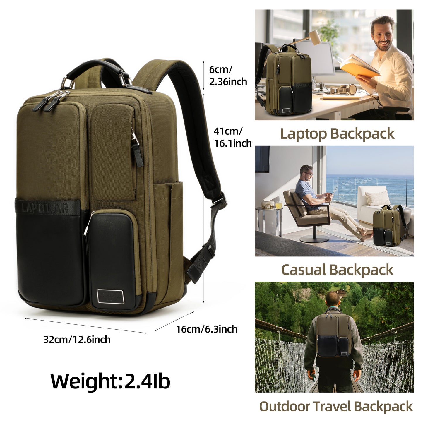 LAPOLAR 15.6 Inch Carry on Backpack, Outdoor Travel Laptop Backpack, Multifunctional Daily Business Computer Backpack Durable Water Backpack