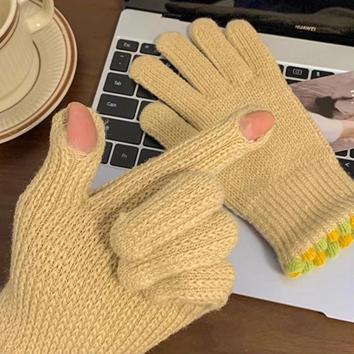 Knitted gloves for women thickened touch screen split finger gloves