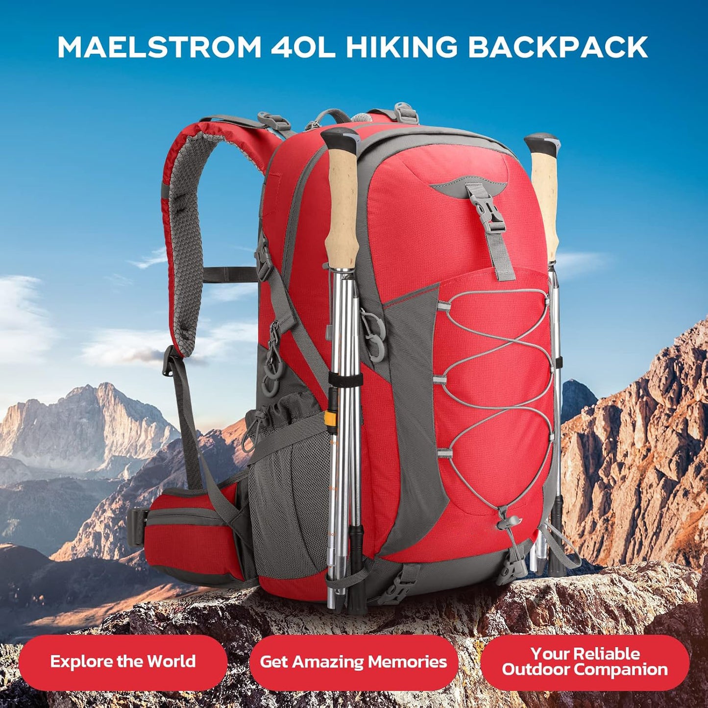 LAPOLAR Backpack,Camping Backpack,40L Waterproof Hiking Daypack with Rain Cover,Lightweight Travel Backpack,Red