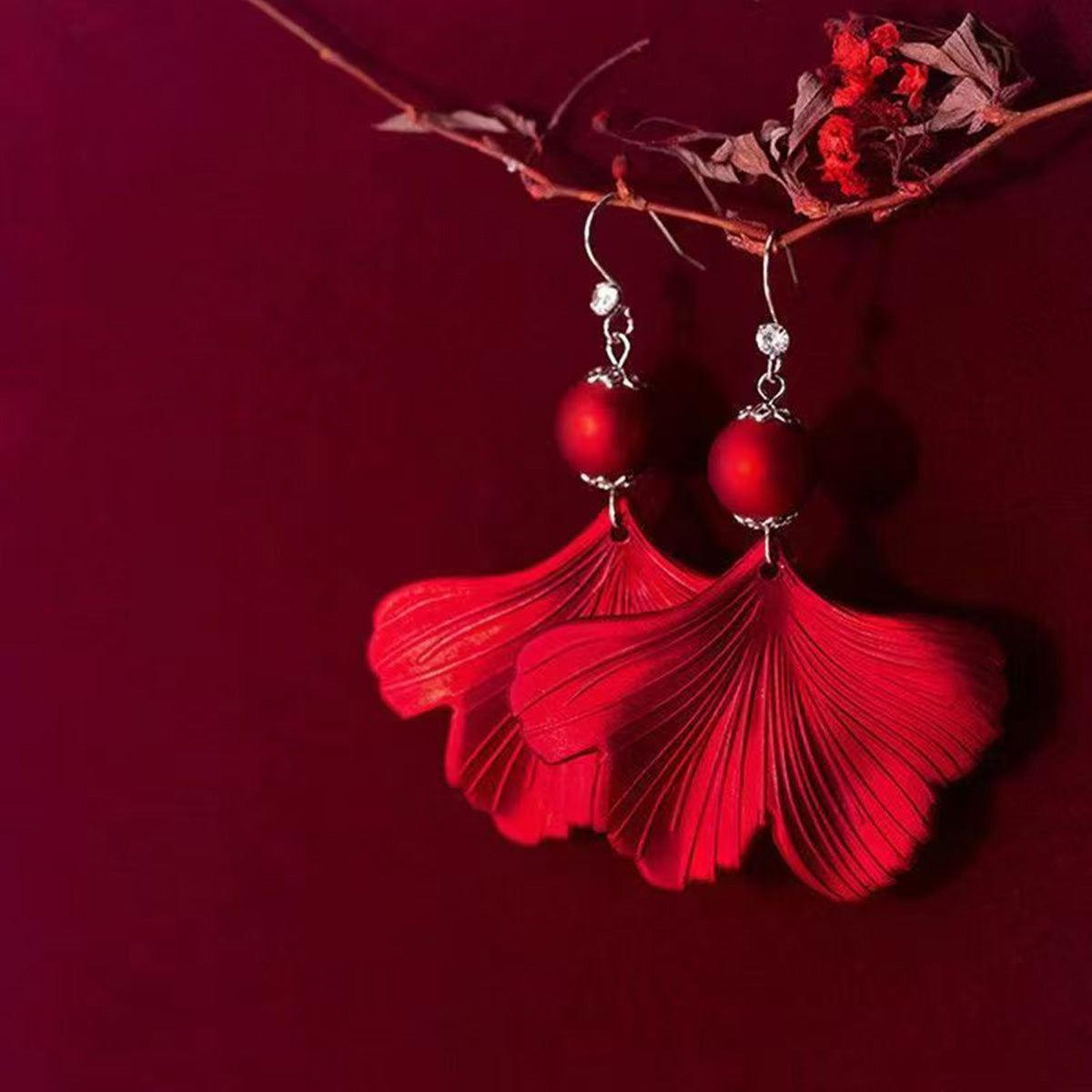 Apricot Leaf Red Festive Fashion Earrings
