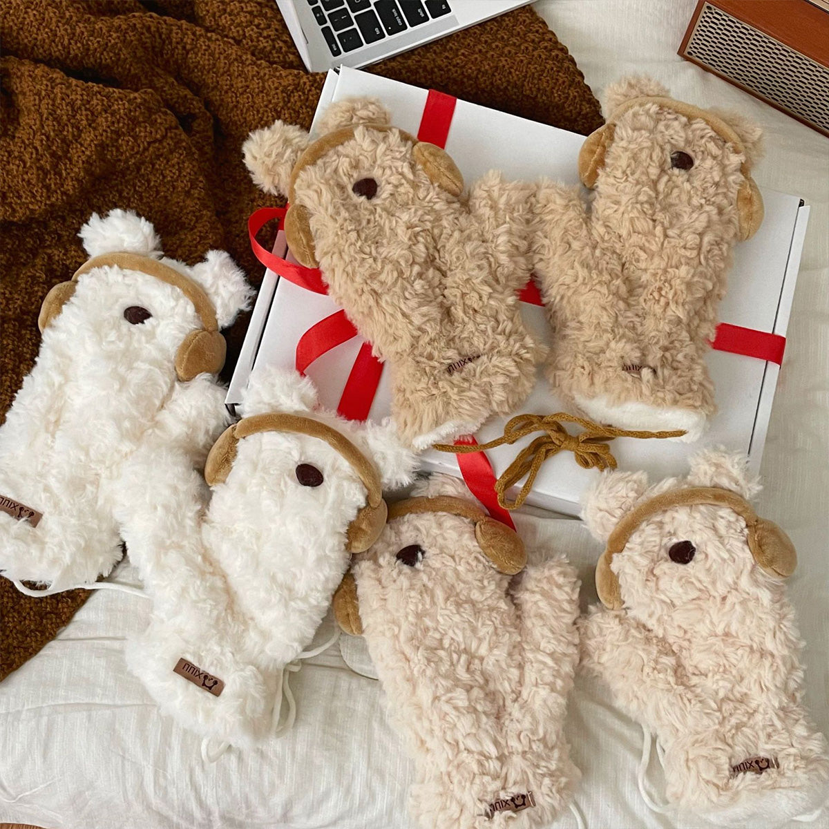 Cute Earphones Bear Plush Mittens