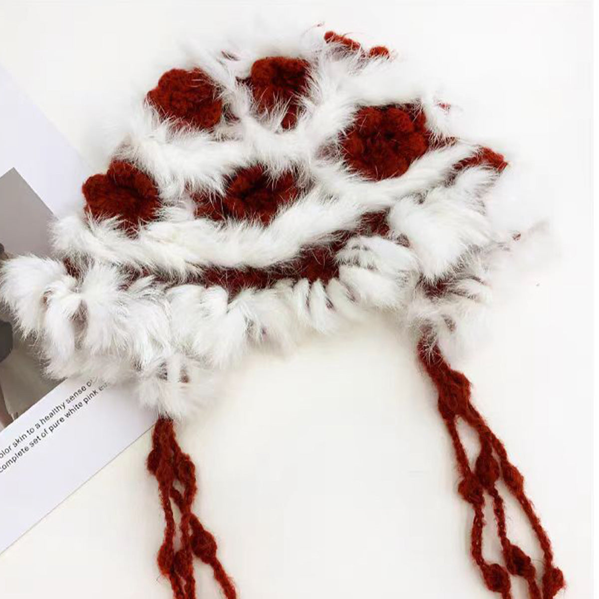 Rabbit Fur Flower Knitted Plush Hat for Women in Autumn