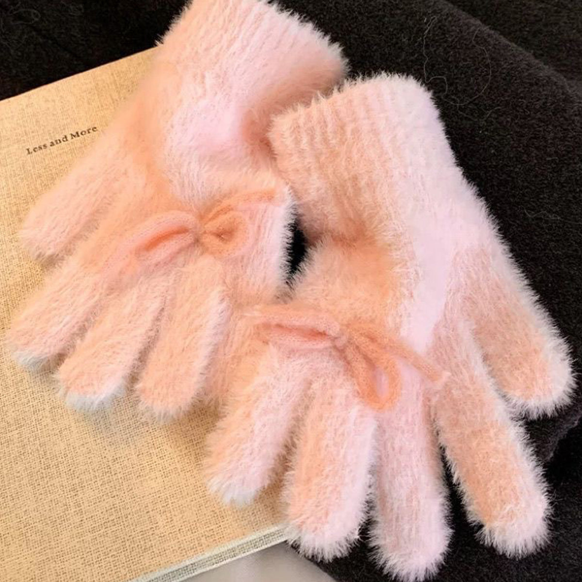 Blue Pink Plush Knitted Gloves for Women Bow-knot Thickened Gloves for Winter