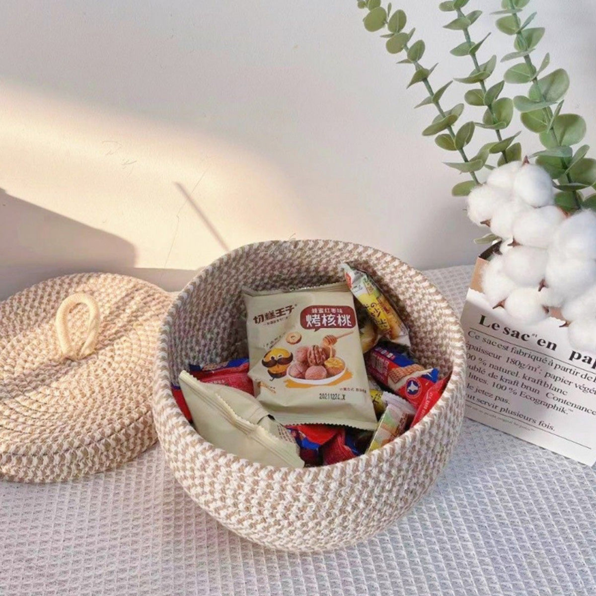Woven Storage Basket, Round Storage Basket With Lid