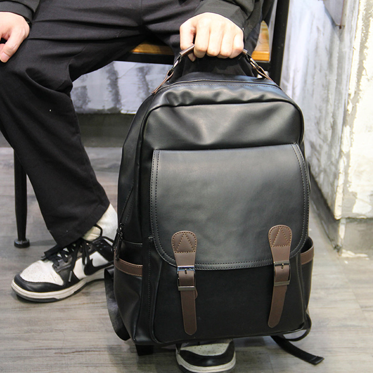 Leather Backpack USB Charging Men Business Backpack