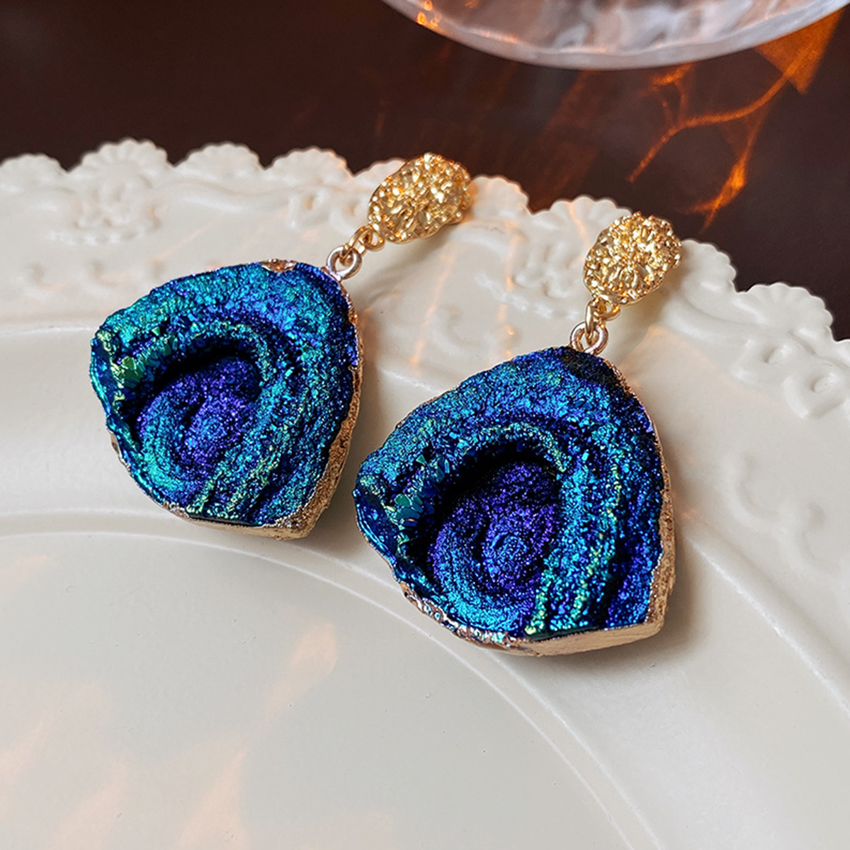Silver Needle Wrinkled Blue Metal Earrings
