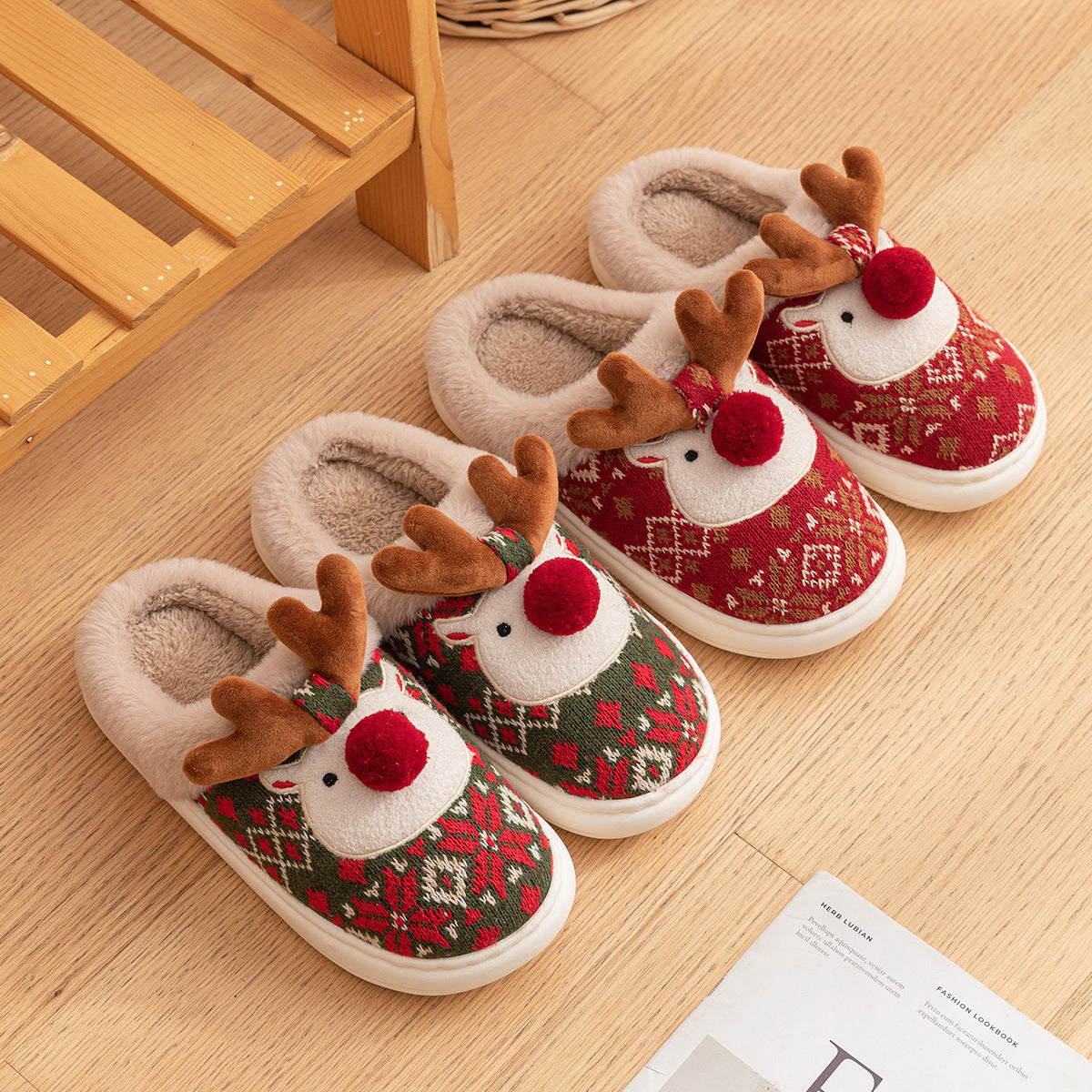 Cute Christmas Elk Cotton Slippers Warm Slippers for Women