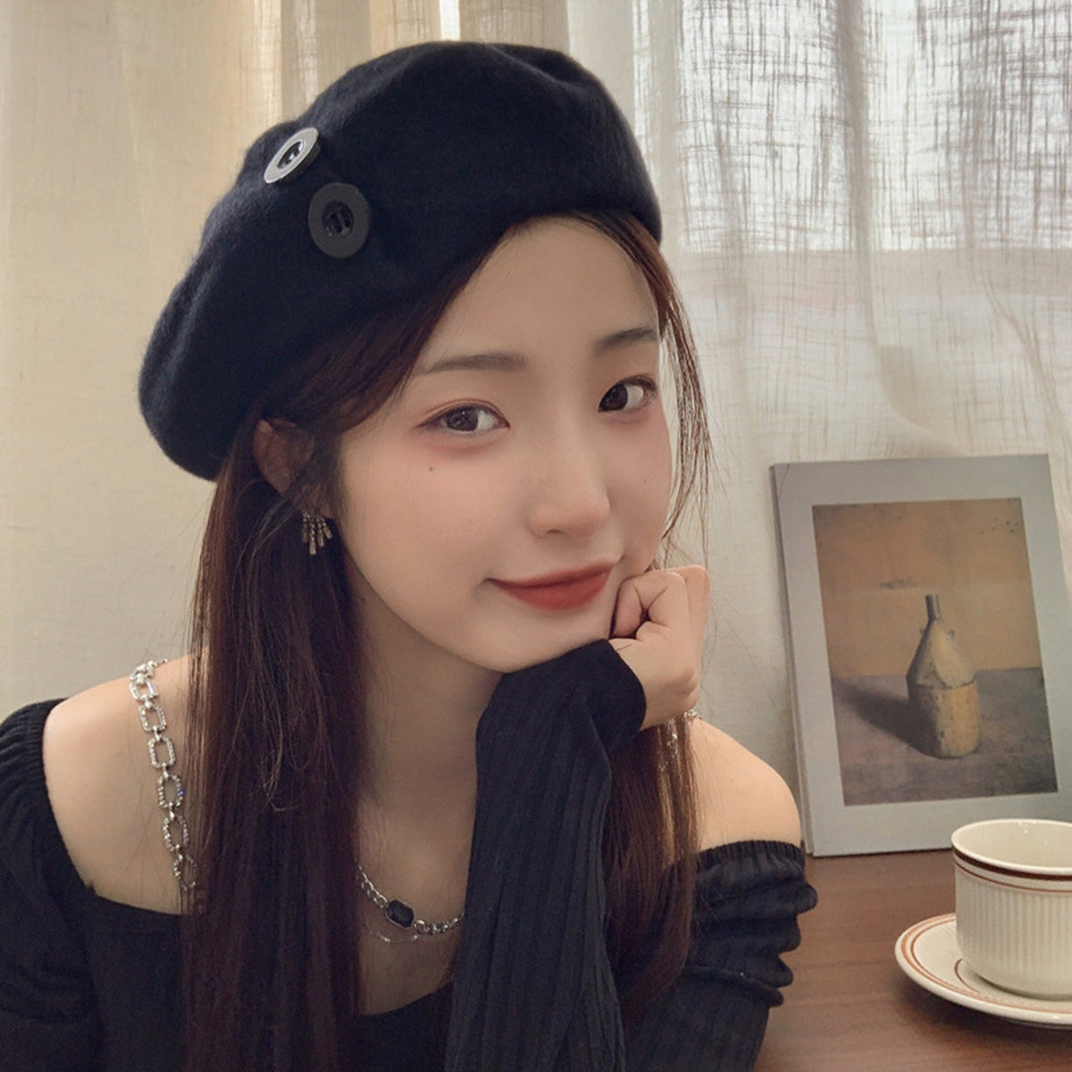 Korean Button Wool Beret