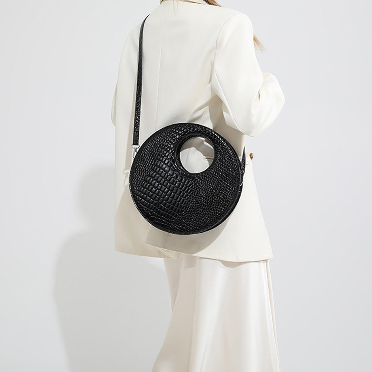 Round Patent Leather Shiny Stone Tote Bag