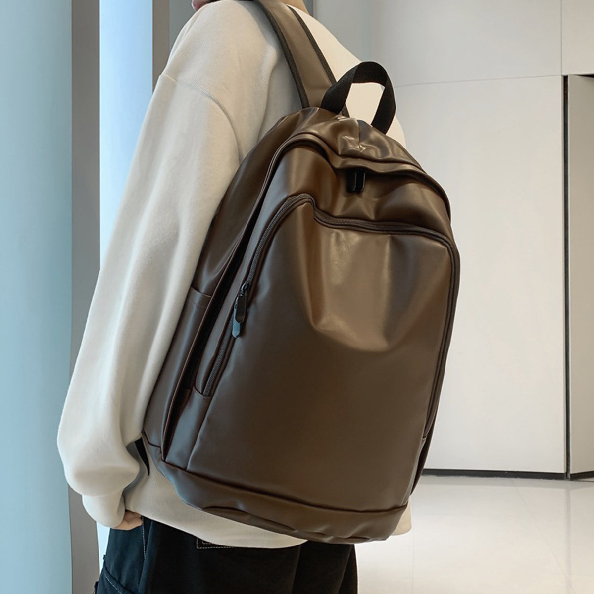 Men PU Soft Leather Large Capacity Backpack